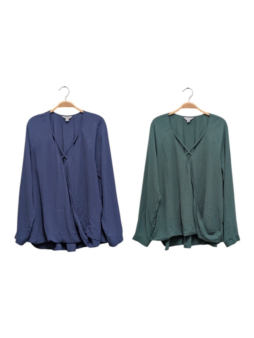Belle + Sky Long Sleeve Blouse Lot Blue Green Criss Cross Neck Business Casual